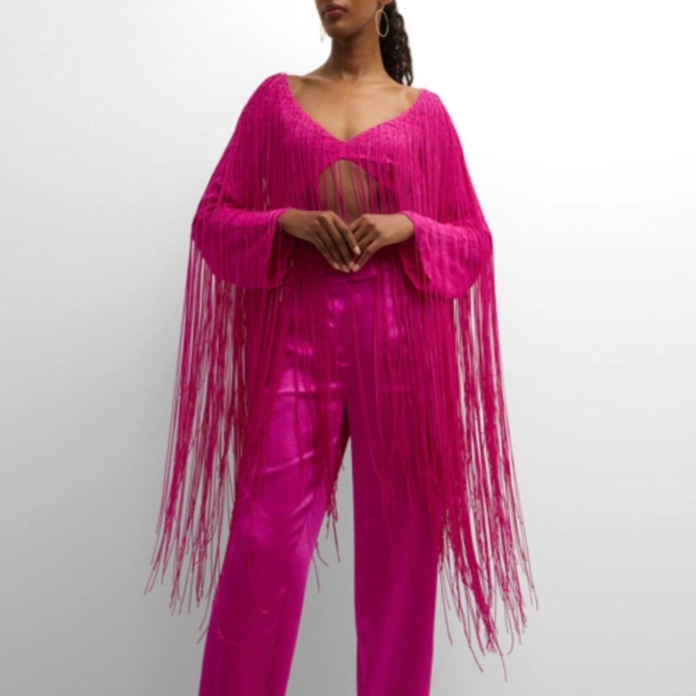 Cult Gaia Lorena Top In Anemone Fringe Pink Crop Long Sleeve